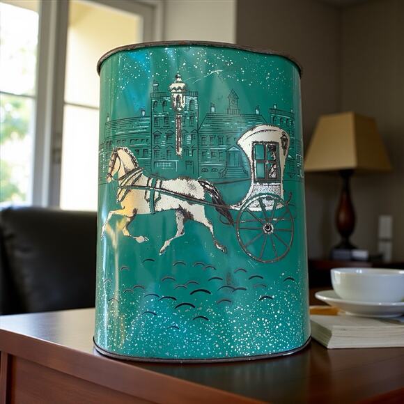 Harvell Metal Trash Can Vintage MCM Horse & Carriage Buggy Green Victorian - Picture 1 of 13